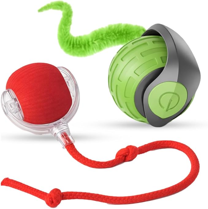 KBLZONE Interactive Cat Ball Toy – Smart Rolling Pet Ball with Obstacle Avoidance, USB Rechargeable, Cord Tail Design – Fun Enrichment Toy for Indoor Cats & Small Dogs (Green + Red)