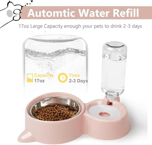 Dog Bowls, Puppy Cat Food and Water Bowl Set with Water Dispenser and Stainless Steel Bowl Detachable Gravity Pet Feeder and Waterer Set for Cats Dogs Puppy Rabbit (Grey)