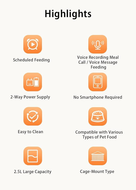 Automatic Pet Feeder for Cats and Small Dogs, Cage-Mounted Smart Food Dispenser, 2.5L Capacity, Timed & Portion Control Feeding, Dual Power Supply (Plug-in & Battery-C), Easy to Clean