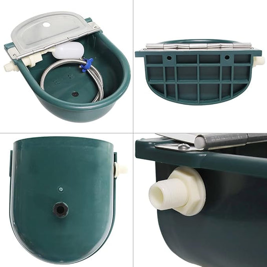 Automatic Water Bowl Plastic Livestock Stainless Steel Cover Waterer Dog Drinking Cattle Horse Drinker with Float Valve & Drain Plug & 1/2 Inch Pipe (Green)