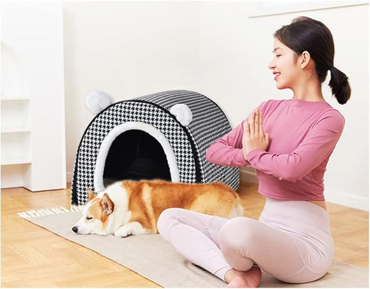 Dog Bed or Cat Bed,2 Ways to Use,Indoor Pet House with Fluffy Mat,Removable and Washable Cover,Non-Slip Bottom,for Medium Dogs and Cats(L Black Cranes)