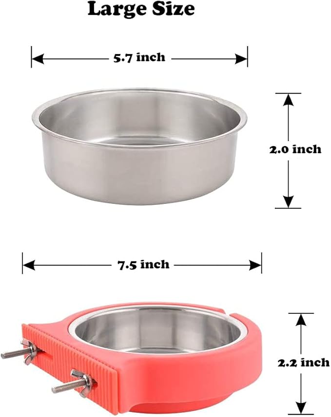 Crate Dog Cat Bowls, Removable Stainless Steel Hanging Pet Cage Bowls for Kennel, Crate Food Water Feeder Bowls with Bolt Holder for Cat, Puppy, Rabbite Birds and Other Small Animals (Large, Pink)
