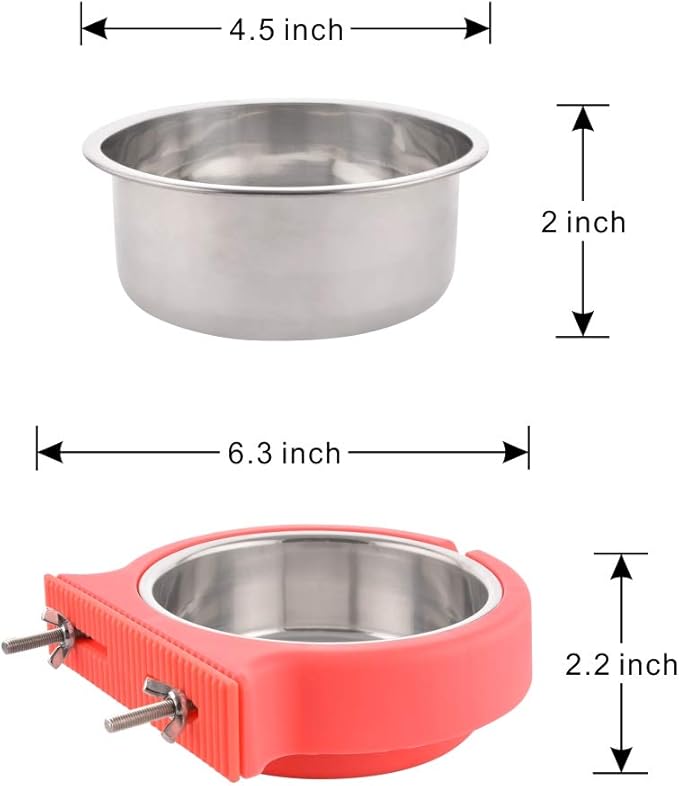 Crate Dog Bowl Removable Stainless Steel Water Food Feeder Bowls Cage Coop Cup for Cat Puppy Bird Pets (Small, Pink Orange with Corrugated Clip)