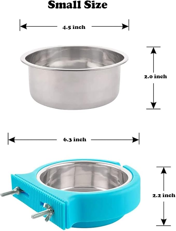 Crate Dog Cat Bowls, Removable Stainless Steel Hanging Pet Cage Bowls for Kennel, Crate Food Water Feeder Bowl with Bolt Holder for Cat, Puppy, Rabbite Birds and Other Small Animals (Small, Blue)