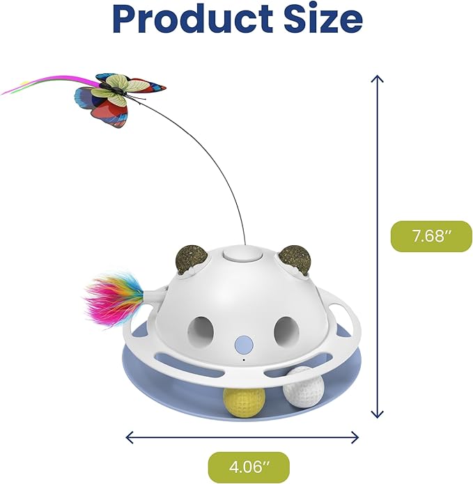 PAWSPIK Feather Frenzy 4-in-1 Interactive Cat Toy – Butterfly, Feather, Catnip Ball & Track Ball Play – Motion Activated, USB or Battery Powered – White