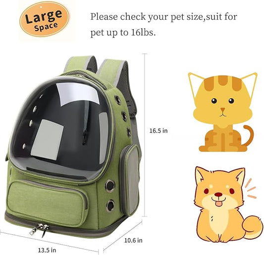 Cat Bubble Backpack,Breathable Cat Backpack Carrier Large Space Pet Travel Carrier for Kitty Small Dogs up to 15lbs,Transparent Cat Carrier for Hiking Camping Outdoor Travel (Green)