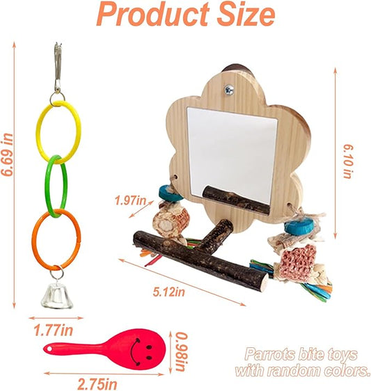 Acsist Bird Mirror with Perch, Cockatiel Mirror for Cage, Parakeet Toys with Chew Toy,Bird Cage Accessories for Parrot Conure Lovebirds Finch Canaries (Corn Cob)