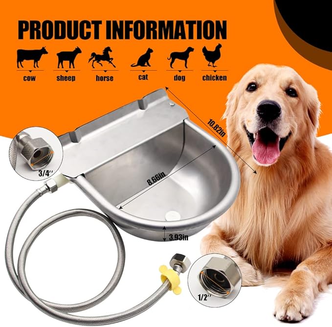 Automatic Animal Drinking Water Bowl with Float Valve,304 Stainless Steel Livestock Dispenser Waterer with Drainage Hole,Includes Water Bowl,3/4''Water Hose,2 Float Valves and Mounting Bolts
