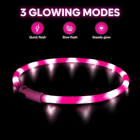 HIGO LED Dog Collar, Silicone Lightweight Light Up Dog Collars, USB Rechargeable LED Dog Necklace Light for Your Dogs Cats Glow in The Dark (Pink-Silicone)