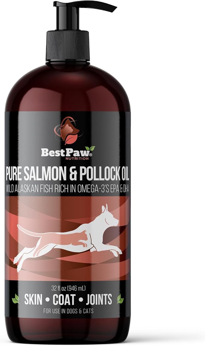 Pure Wild Alaskan Salmon Oil for Dogs & Cats Skin and Coat - Fish Oil Liquid with Pump - Supports Joint Function, Immune & Heart Health - Omega 3 Liquid Food Supplement - All Natural EPA + DHA - 32oz