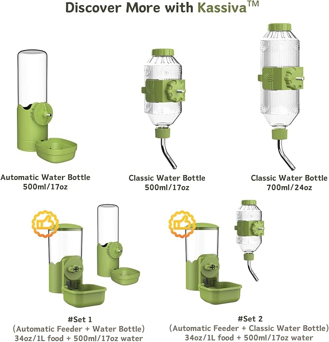 Automatic Pet Food Water Dispenser, Auto Gravity Pet Feeder Water Bottle Set for Cage, Feeding Station for Puppy Kitten Rabbit Guinea Pigs Chinchilla Ferret Hedgehog (Green)