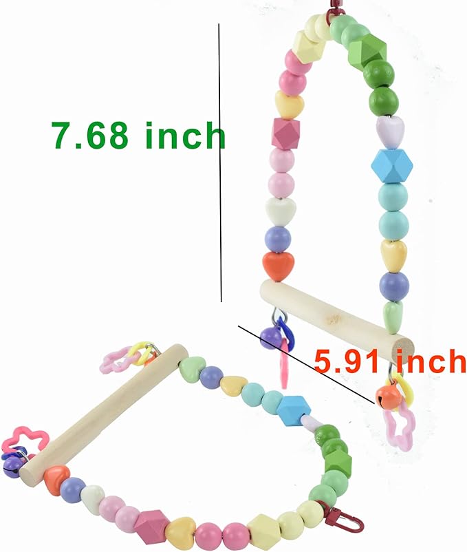 GUANLANT Wooden Bird Swing for Cockatiels Parrot Perch Hanging Toys Parakeets Birdcage Stands Cage Playground Play Gyms Accessories Colorful Bead Bell Climbing Toy for Lovebirds Conures Budgies