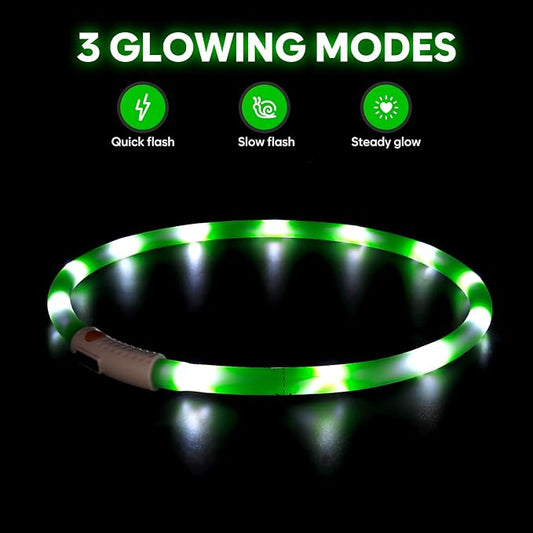LED Dog Collar - HIGO Light Up Dog Collars Glow in The Dark, USB Rechargeable LED Dog Necklace Light for Your Dogs Walking at Night (Green-Silicone)