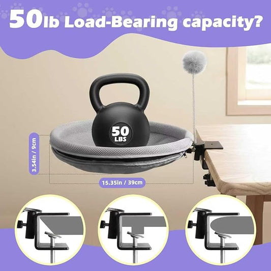 RASSR Cat Desk Bed with Teaser Wand, Under Desk Cats Bed Platform with Sturdy Clamp, Space-Saving Cat Perch Mounts Underneath Desk for Large Cats,for Gift,Present(Grey)