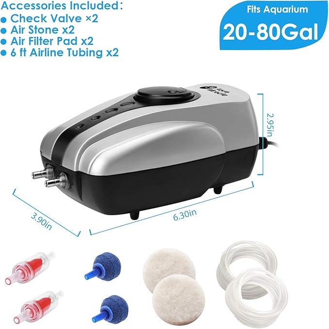 AquaMiracle Aquarium Air Pump Fish Tank Bubbler Aerator, All-in-One Fish Tank Air Pump Kit, Quiet Aquarium Bubbler