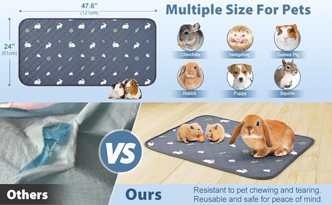 2 Pack 24 x 48 Inch Guinea Pig Cage Liners - Washable Guinea Pig Pee Pads, Reusable & Anti Slip Guinea Pig Bedding Fast and Super Absorbent Pee Pad for Small Animals Reusable Training Pads