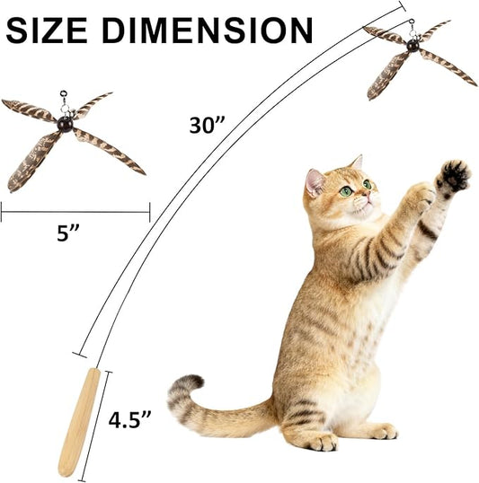 ottmat Cat Wand Toys Interactive for Indoor Cats, 4PC 4-Blade Feather Propeller Refills, 1PC Cat Wand 30'' Flexible Steel Wire Cat Teaser with Sturdy Wood Handle for Kittens & Adult Cats(Wild)