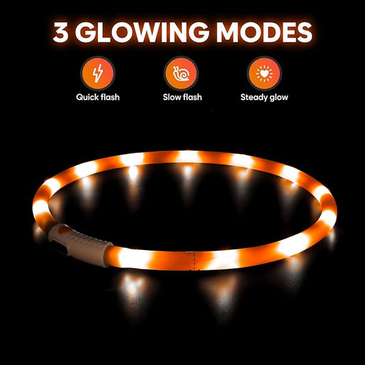 HIGO LED Dog Collar, Rechargeable Light Up Dog Collars, Lightweight Silicone Pet Safety Collar Lights for Night Walking (Orange-Silicone)