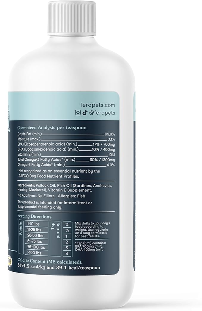 Fera Pets Fish Oil - Omega 3 for Dogs & Cats to Support Joints, Heart, Skin and Coat Health - Non GMO with Vitamin E - 8 oz