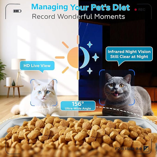 TYM Automatic Cat Feeder with Camera, 5G WiFi Timed Automatic Dog Feeder with APP Control, 7L Remote Feeding Auto Cat Food Dispenser, Reliable, Easy Cleaning, Keep Food Fresh