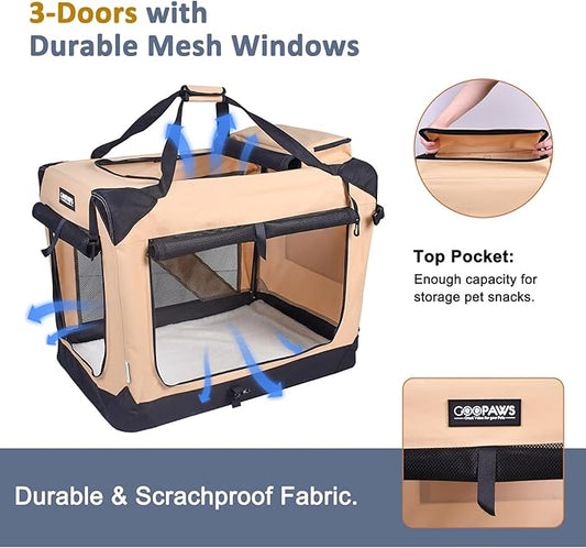 JESPET 36'' Soft Dog Crates Kennel for Pets, 3 Door Soft Sided Folding Travel Pet Carrier with Straps and Fleece Mat for Dogs, Cats, Rabbits, Grey Blue & Beige (36" L x 24" W x 27" H, Beige)