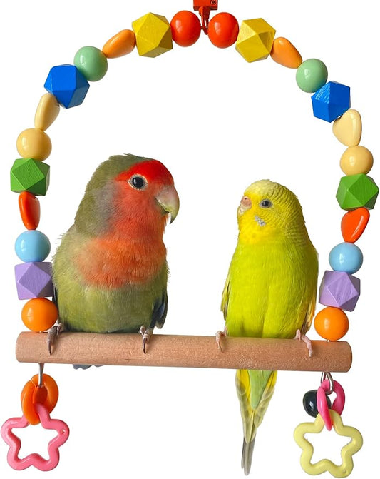 GUANLANT Wooden Bird Swings for Large Parrots, Cockatiel Perch Parakeet Swing Hanging Birdcage Stands Playground Play Gyms Accessories Colorful Beads Climbing Toy for Lovebirds Conures Budgies