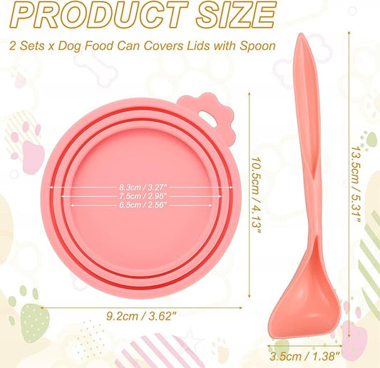 Cat Food Can Covers Lids, Dog Food Can Lids with Spoons Silicone Toppers Reusable Fits 3 Standard Sizes, (Pink, 2Sets), Intended for Dog/Cat/Pet Food
