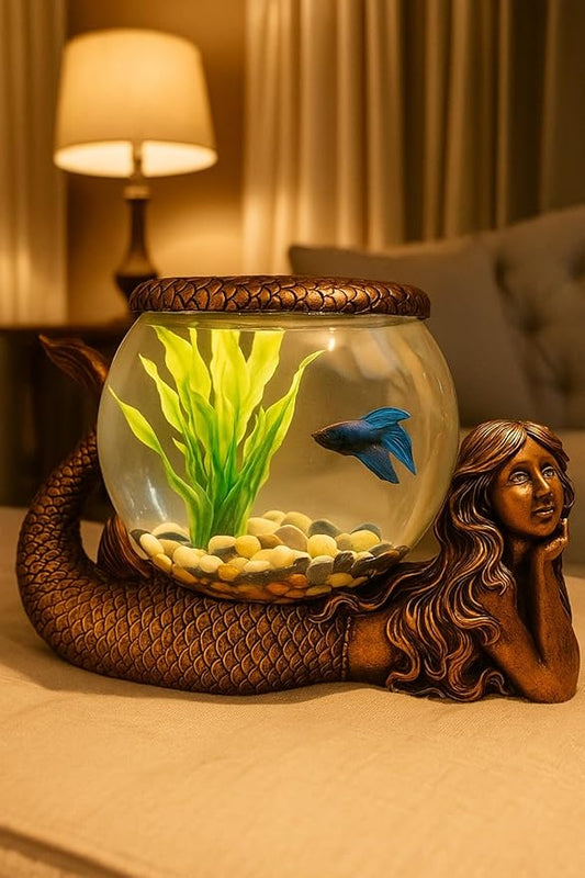 Mystical Mermaid Decorative Fish Bowl – 1 Gallon Glass Aquarium, Terrarium, or Candle Holder | Gold Antiqued Mermaid Figurine with Bowl, Accent Ring & River Rocks – Tabletop Home Décor Gift
