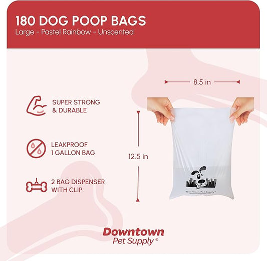 Downtown Pet Supply Unscented Poop Bags for Dogs with Dispenser, 180 Count - Leak-Proof Dog Waste Bags and Bone-Shaped Dog Poop Bags Holder for Leash - Pastel Rainbow, 12.5" x 8.5"
