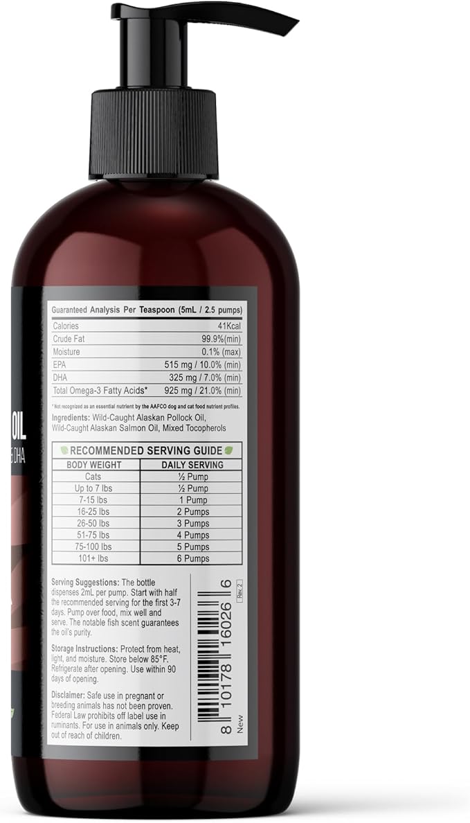 Pure Wild Alaskan Salmon Oil for Dogs & Cats Skin and Coat - Fish Oil Liquid with Pump - Supports Joint Function, Immune & Heart Health - Omega 3 Liquid Food Supplement - All Natural EPA + DHA - 16oz