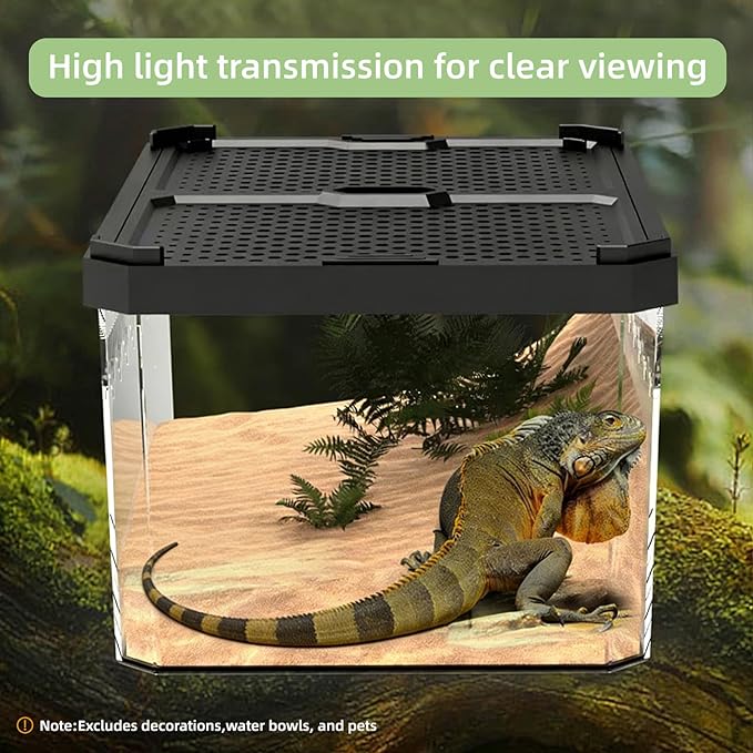 XIGETRAIL Transparent Portable Reptile Terrarium Habitat, Reptile Feeding Box for for Gecko, Tarantula, Scorpion, Spider, Hermit Crab,Frog (12" x 7.7" x 5.1" Black)