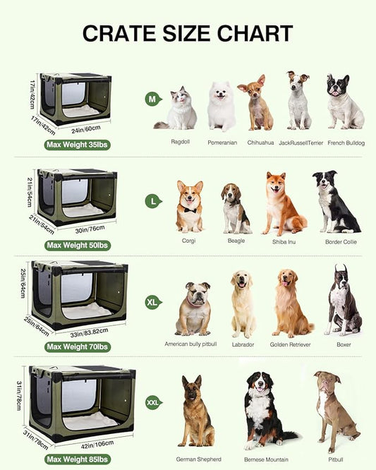 33 Inch Collapsible Travel Dog Crate for Medium Large Dogs, Portable Dog Crate 4-Door Foldable Soft Kennel with Durable Mesh Windows for Indoor & Outdoor Travel, with Storage Bag,Green