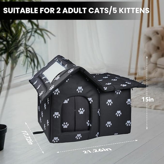 Outdoor Cat House Weatherproof, Outdoor Cat Shelter, Collapsible Cat Houses Outdoor for Indoor Cats with Soft Mat, Door and Edging Nails, Easy to Assemble (Black)