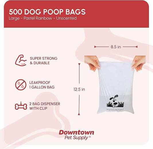 Downtown Pet Supply Unscented Poop Bags for Dogs with Dispenser, 500 Count - Leak-Proof Dog Waste Bags and Bone-Shaped Dog Poop Bags Holder for Leash - Pastel Rainbow, 12.5" x 8.5"