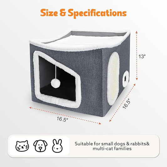 Tovve Heated Cat House for Indoor, Large Cat Bed with Heating Pad, Adjustable Temperature & Timing, with Fluffy Ball Hanging and Scratch Pad, Foldable Pet Hideaway for Small Medium and Large Cats(XL)