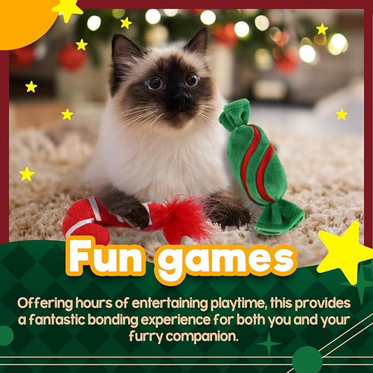 ALL FOR PAWS Christmas Cat Toys Happy Holiday Kitten Toys with Catnip, Crinkle Sound 2 Set Candy Cane Designs Kitty Toy
