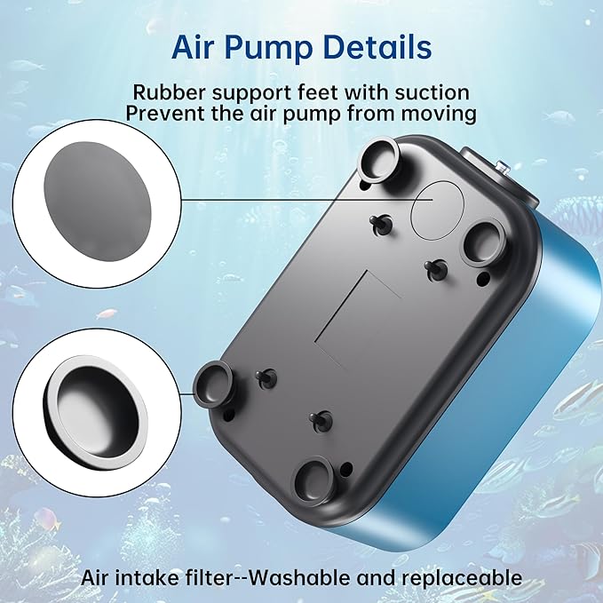 Aquarium Air Pump with Adjustable Double Outlet air Stone Bubbler for Fish Tank, Silent Fish Tank Aerator with Accessories, 2.5W/5W/8W/12W for Up to 300 Gallon Tank
