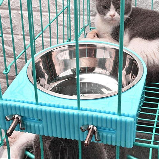 Crate Dog Bowl Removable Stainless Steel Water Food Feeder Bowls Cage Coop Cup for Cat Puppy Bird Pets (Large, Blue with Corrugated Clip)