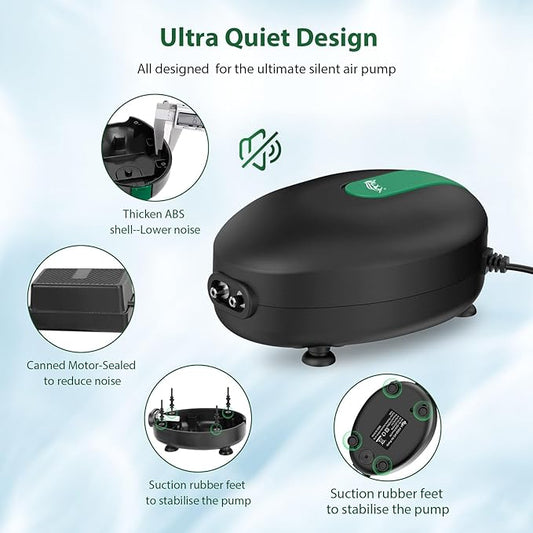 AQQA Aquarium Air Pump Whisper Oxygen Aerator Powerful Fish Tank Air Pump Dual Outlets Adjustable Airflow Bubblers with Air Stone Tubes Check Valves (8W for Up to 160Gal Tank)