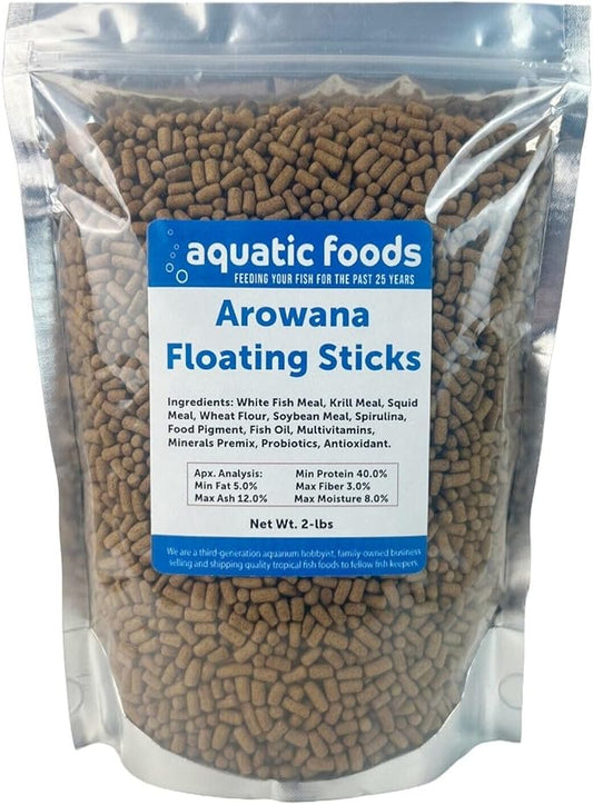Aquatic Foods Inc. Arowana 3/8" x 7/32" 40% Protein Floating Sticks for Arowana, Oscars, Flower Horns, Red Parrots All Central and South American Cichlids...WL…2-lbs Foil Pouch Bag