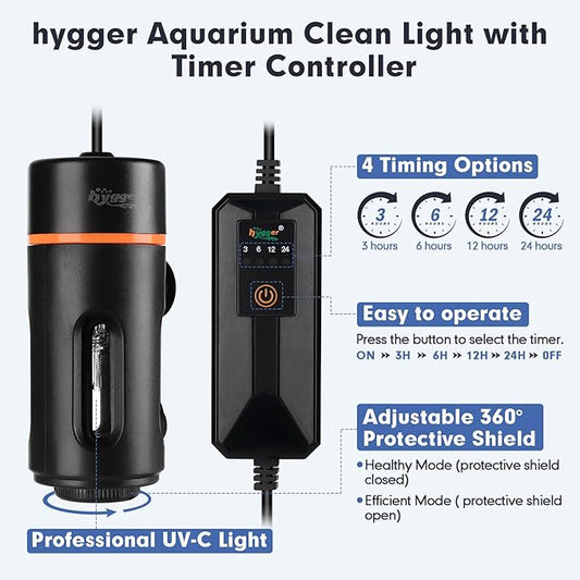 hygger Aquarium U-V Light with Timer, 360° Protective Shield Clean Light for Green Water and Algae Clean, Mini Algae Control Lamp for Freshwater and Saltwater Tank (5W for 13-40 Gallon)