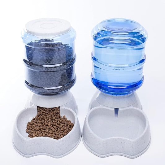 Pet Feeder and Water Food Dispenser Automatic Water Bowl for Dogs Cats, BPA-Free, Gravity Refill, Self Feeding for Small Medium Pets Puppy Kitten Rabbit - 1 Gallon 3.8L (Waterer + Feeder)