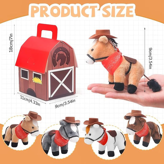 12 Pcs Mini Plush Horse Stuffed Animal with Keychain, Horse Party Favors Goodie Bags, Animals Bulk Gift Toys with Carton Horse House for Birthday Party Supplies