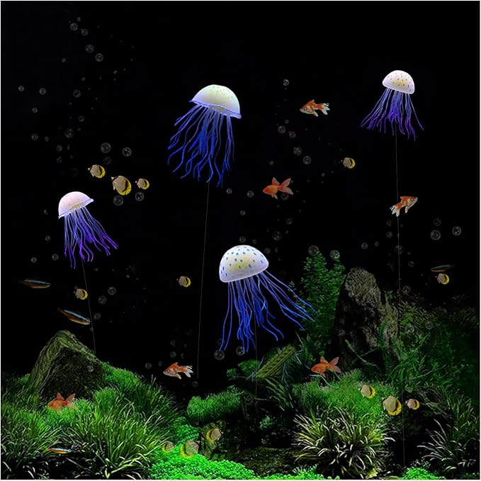 WishLotus Aquarium Jellyfish Decoration, Soft Silicone Glowing Aquarium Decorations Fluorescent Jellyfish with Suction Cup New Upgraded Simulation Aquarium Decor for Various Fish Tank (A, Purple)