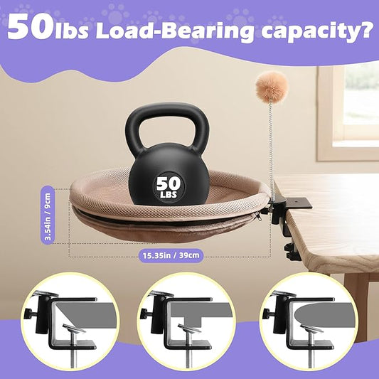 RASSR Cat Desk Bed with Teaser Wand, Under Desk Cats Bed Platform with Sturdy Clamp, Space-Saving Cat Perch Mounts Underneath Desk for Large Cats(Khaki)