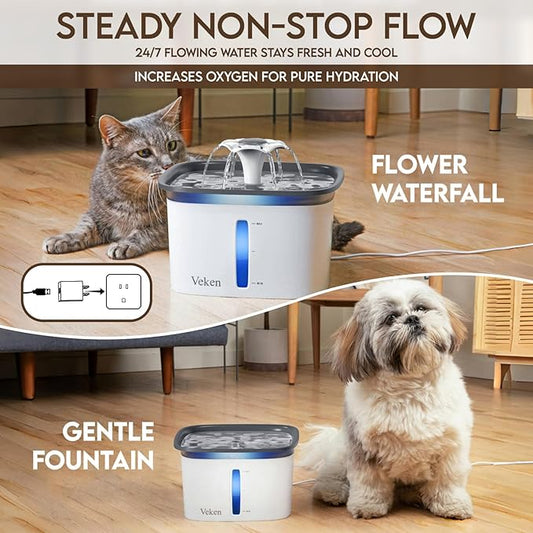 Veken Innovation Award Winner 95oz/2.8L Pet Fountain, Automatic Cat Water Fountain Dog Water Dispenser with Replacement Filters, Gifts for Cats, Dogs, Multiple Pets (Grey, Plastic)