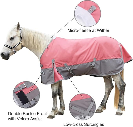 1200D Ripstop Waterproof Breathable Horse Blanket (0g No Fill), Lightweight Turnout Rain Sheet, Keeps Dry in Mud & Wet Weather Pinkgrey 78"