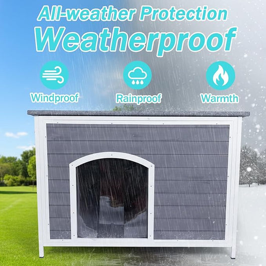 Geguri Large Outdoor Wooden Dog House for Medium to Large Dogs | Weatherproof Asphalt Roof, Chew-Resistant Frame,Indoor/Outdoor Use (Grey, 43.3" L × 26.4" W × 29.5" H)
