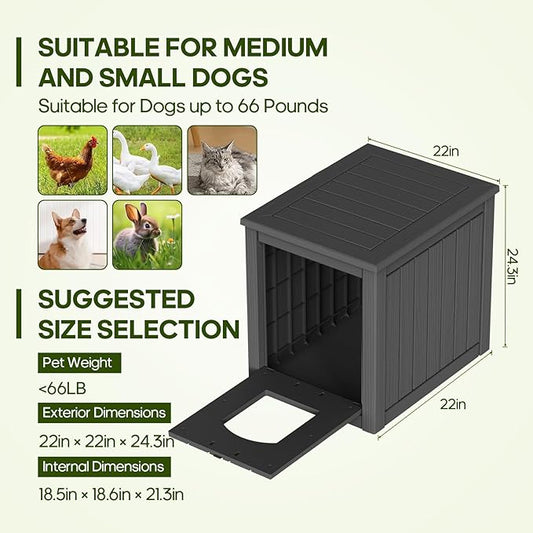 DRATO Outdoor Indoor Dog House,Resin Material Ventilate Waterproof Added to The Bottom,Multi-Functional Pet House for Small to Medium Dog(Black, Medium)