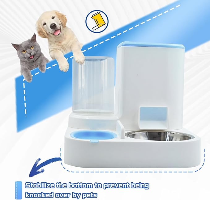 Automatic Cat Food and Water Dispenser Set 2 in 1, All-in-One Gravity Pet Feeder with Stainless Steel Cat Food Bowl Travel Auto Supply Feeder and Water Dispenser for Small Medium Cats Dogs (Blue)